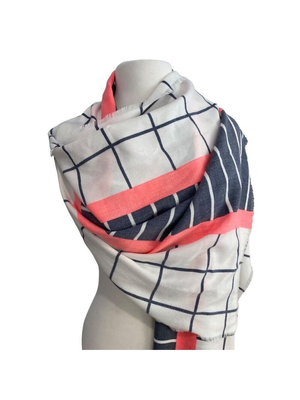 J.Crew Womens Grid & Stripe Ruana Scarf wrap With Coral Accent Polyester/Viscose